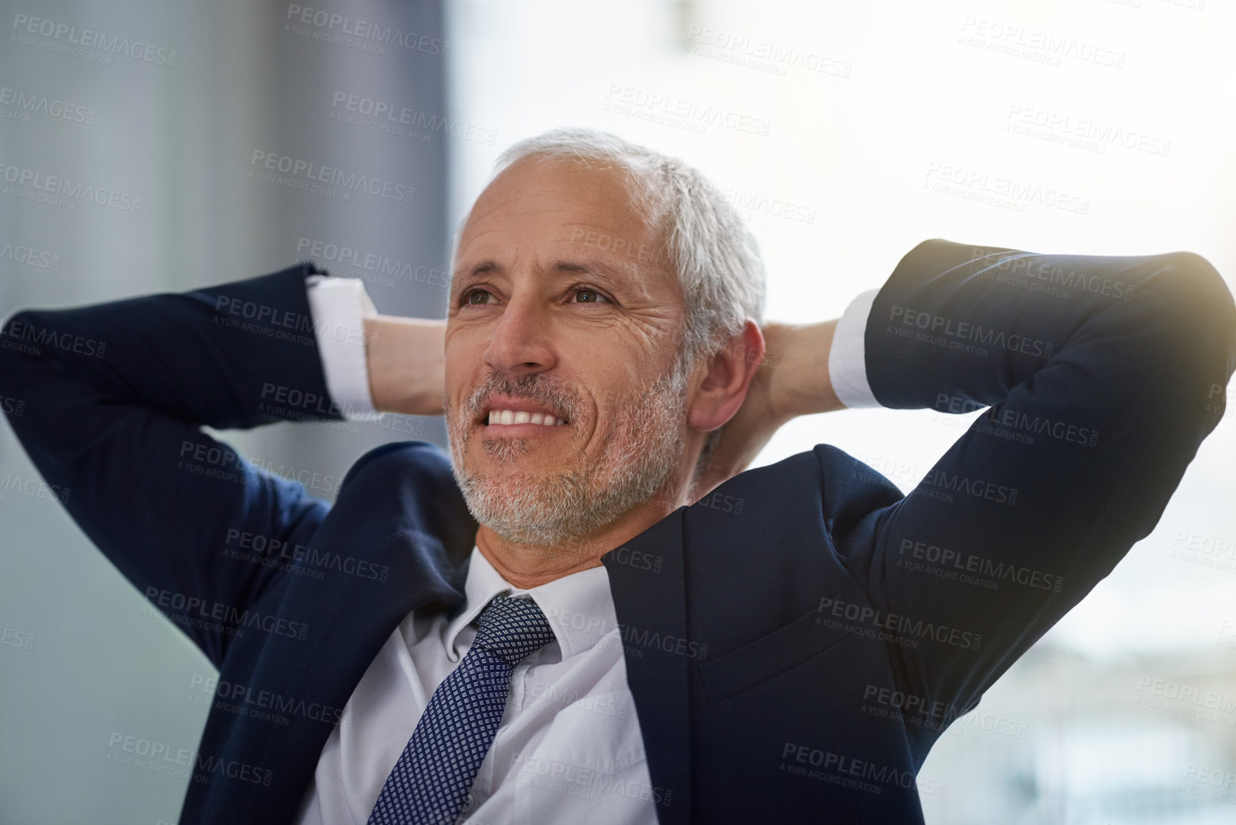 Buy stock photo Relax, office and smile for businessman, thinking and calm for CEO in workplace. Ideas, vision and mature male person or management, corporate and finance advisor for investment broker and finish