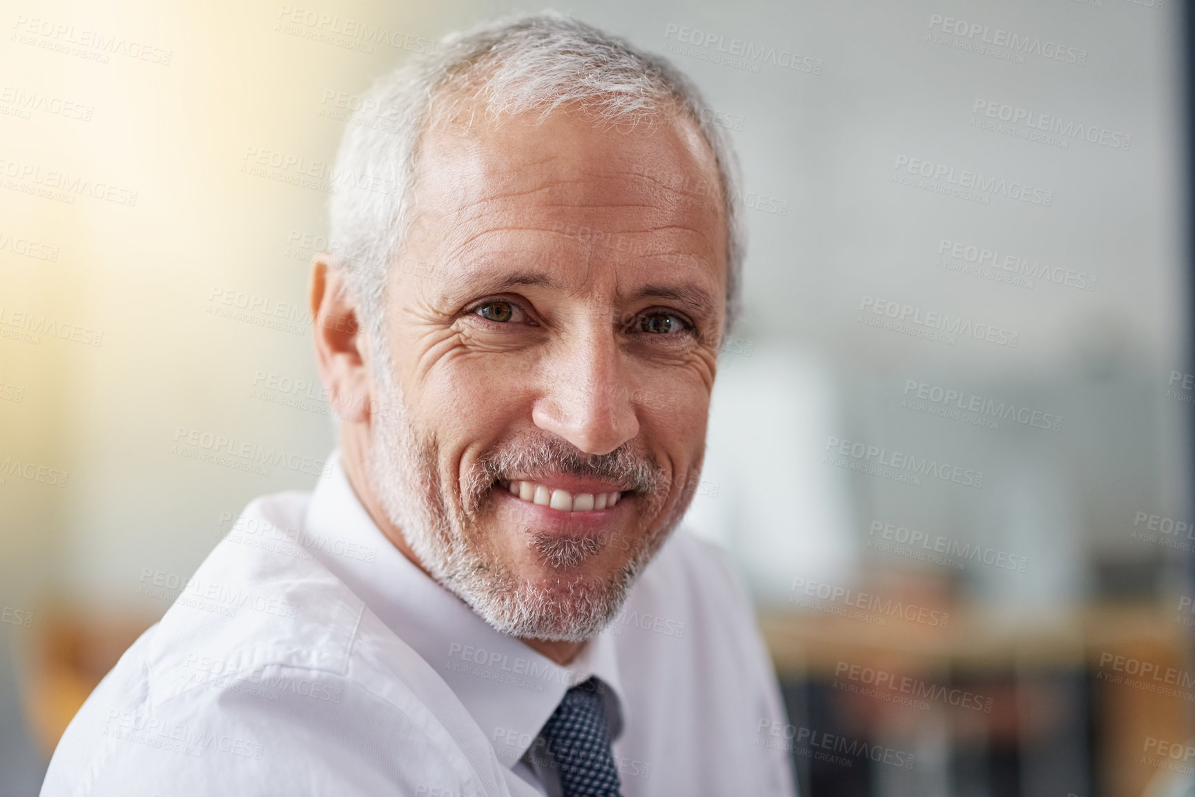 Buy stock photo Portrait, office and smile for businessman, desk and computer for CEO in workplace. Success, face and calm male person or senior management, corporate and finance advisor for investment broker