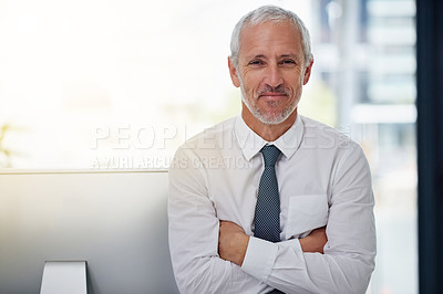 Buy stock photo Portrait of a smiling mature businessman standing in an office