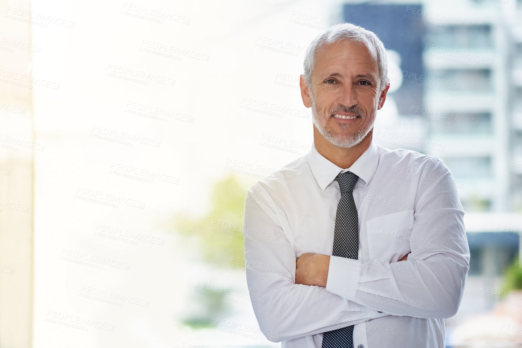 Buy stock photo Portrait, mature businessman or ceo with pride for company project, corporate experience and happy. Professional manager, male executive and smile in office, arms crossed and boss in Canada 