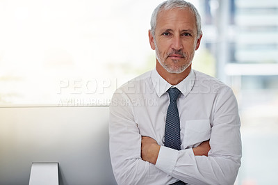 Buy stock photo Portrait of a focused mature businessman standing in an office