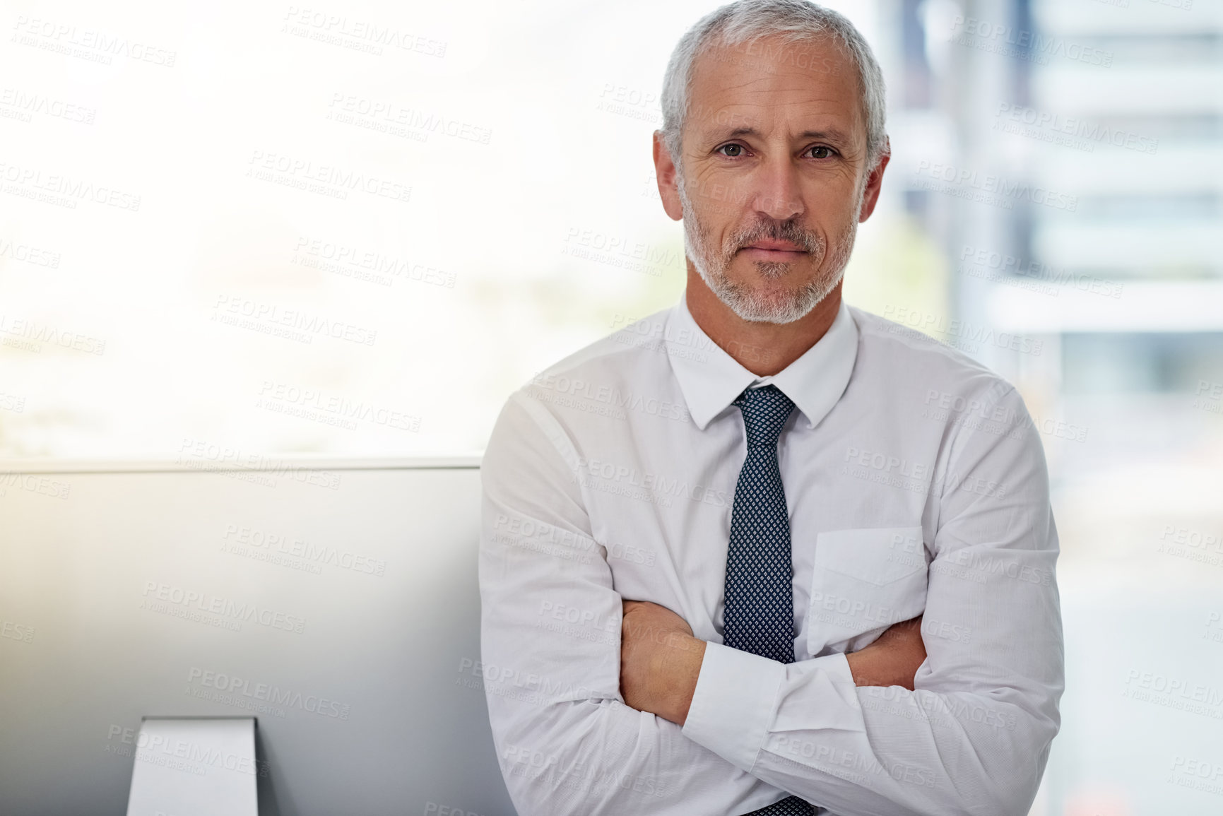Buy stock photo Portrait, mature businessman and arms crossed in office for success, corporate experience and positive. Professional manager, male executive or assertive in workplace, pride and boss in London