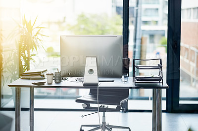 Buy stock photo Shot of a workstation in an empty office