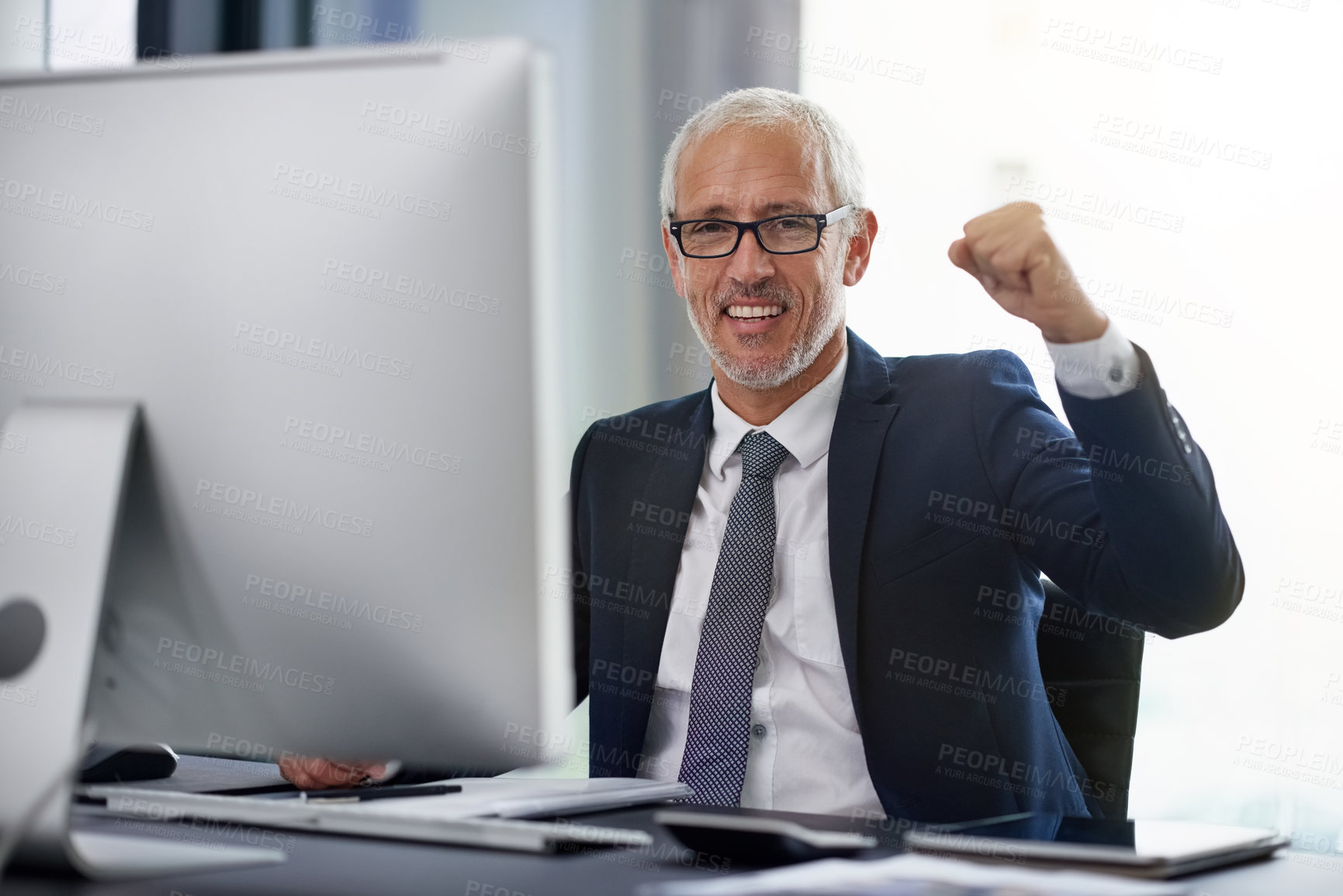 Buy stock photo Portrait, executive and man with celebration, computer and  glasses for vision of employee and win in job. Corporate, bonus and mature person in workplace, investment and accountant in company