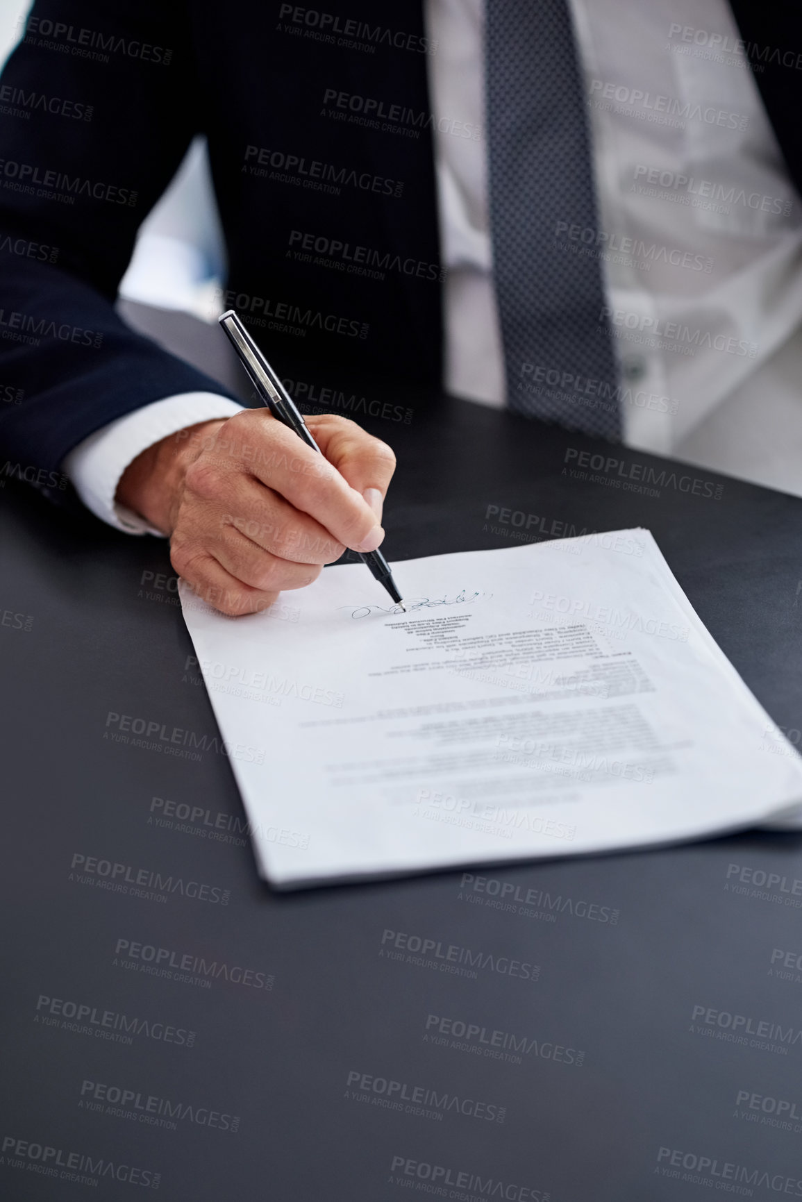 Buy stock photo Document, businessman and pen for contract on desk, office and notes for deal. Hands, writing and legal paperwork for person, agreement and lawyer or attorney for proposal sign off and policy