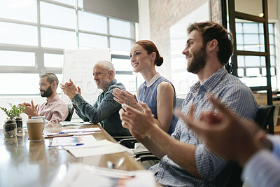 Buy stock photo Meeting, success and applause with a business team in the boardroom in celebration of a target or goal. Collaboration, teamwork and support with a group of employee colleagues clapping in the office