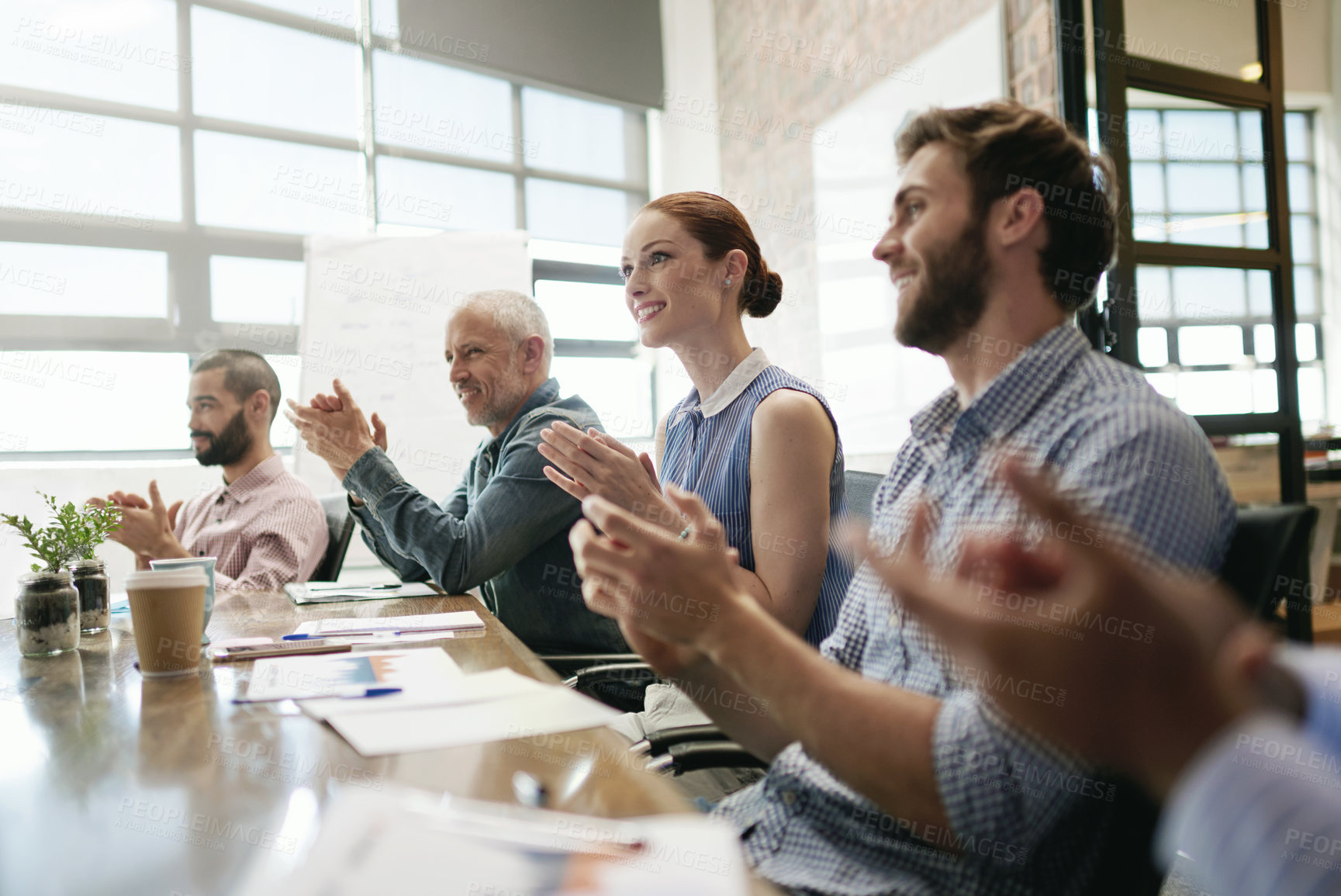 Buy stock photo Meeting, success and applause with a business team in the boardroom in celebration of a target or goal. Collaboration, teamwork and support with a group of employee colleagues clapping in the office