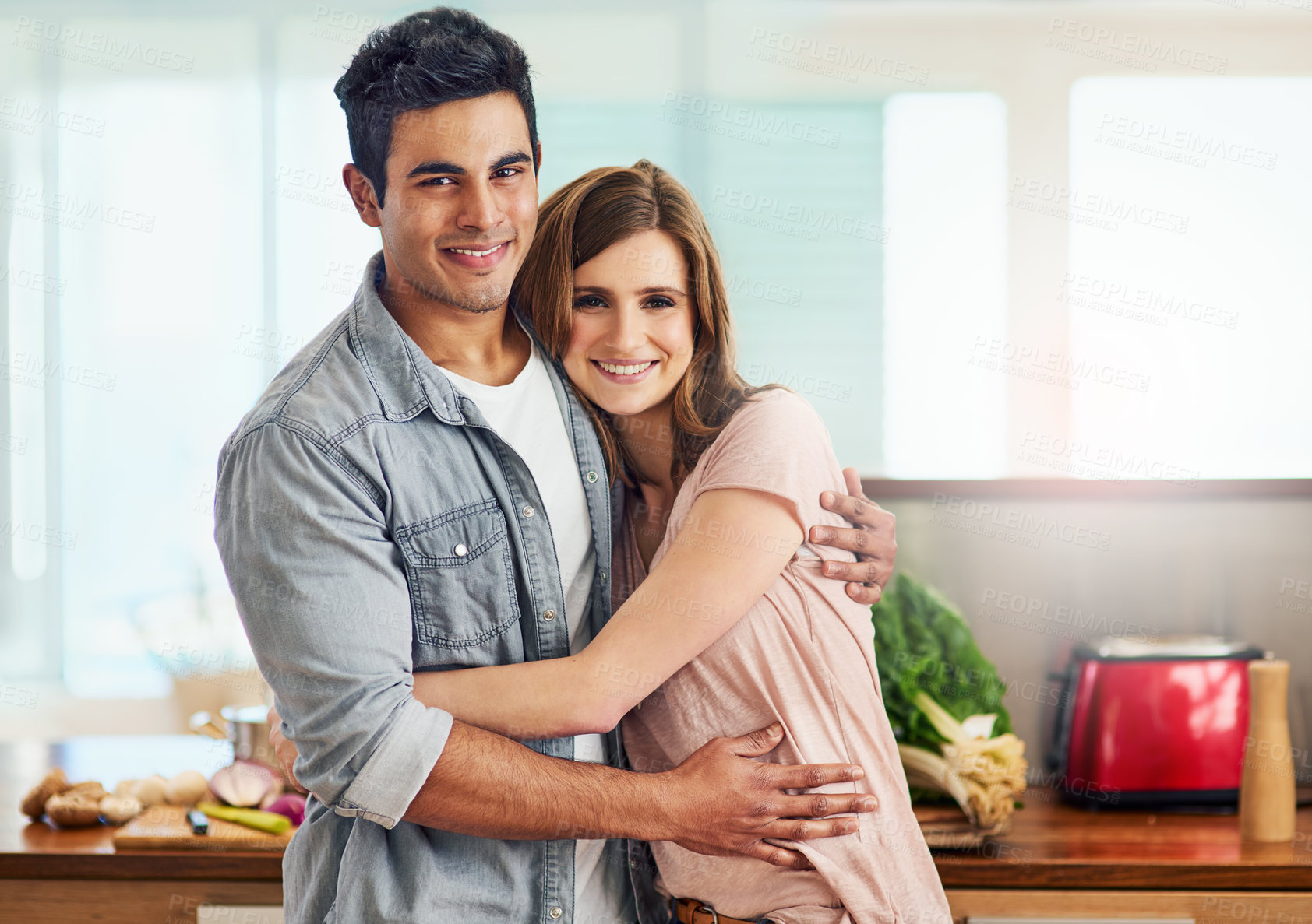 Buy stock photo Portrait, home and hug with couple with smile and care with happiness, romance and relationship. Face, people and embrace with man, woman or marriage with trust, relax or date with commitment or love