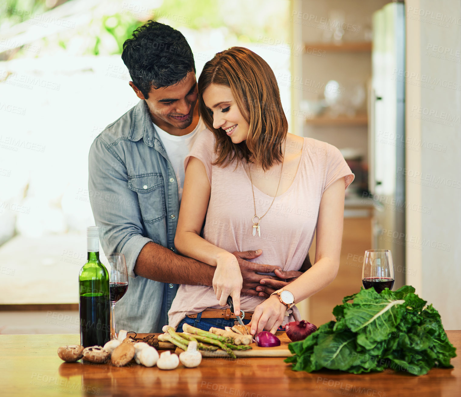 Buy stock photo Man, woman and ingredients for recipe, together and chopping with relationship and love in kitchen. Couple, home and food for diner, supper and romance with cooking for date and relaxation in house
