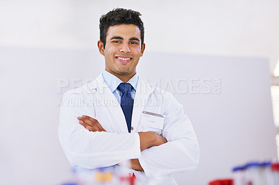 Buy stock photo Portrait of a smiling lab technician standing in a laboratory