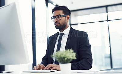 Buy stock photo Computer, research and typing with business man in office for investor portfolio, equity planning and risk management. Online, consultant and website with person in corporate company for admin report