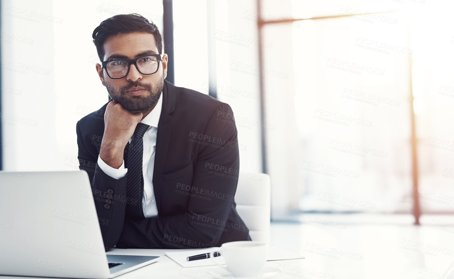 Buy stock photo Laptop, portrait and serious with business man at desk in office for administration or research. Computer, glasses and internet with confident corporate employee in professional workplace for growth