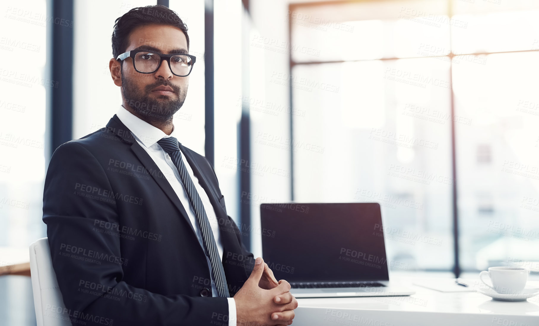 Buy stock photo Business, man and portrait with confidence at office with vision, mission or company growth as accountant. Indian person, corporate and serious or assertive with laptop, workplace and job opportunity