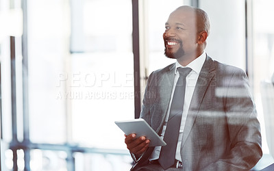 Buy stock photo Tablet, accountant and thinking black man in office for business app, research email or online browsing. Happy, technology and corporate African auditor with idea, planning and vision for company.