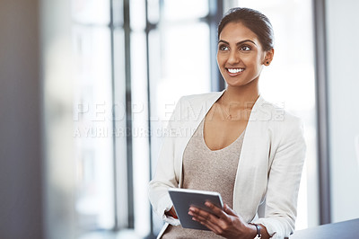Buy stock photo Tablet, accountant and thinking woman in office for business, research app and internet email online. Smile, digital technology and corporate Indian auditor with idea, planning or vision for company.