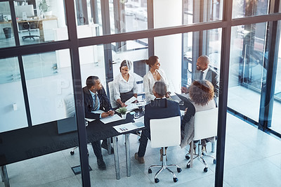 Buy stock photo Collaboration, business meeting and team in discussion in the office for brainstorming or planning. Teamwork, company and group of corporate people working on project together in workplace boardroom.