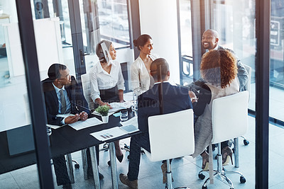 Buy stock photo Teamwork, meeting and business people in discussion in office for brainstorming or planning. Collaboration, company and group of corporate employees working on project together in workplace boardroom
