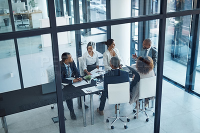 Buy stock photo Collaboration, team and business people in the office for brainstorming, discussion or planning. Teamwork, company and group of corporate employees working on project together in workplace boardroom.