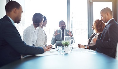Buy stock photo Meeting, leadership and planning with business people in office for strategy, corporate and teamwork. Support, collaboration and project management with employees for workshop and solution