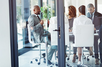 Buy stock photo Business meeting, manager with planning for discussion in boardroom at company for feedback with success. Teamwork, leadership and discuss ideas with corporate employees or report or analysis.
