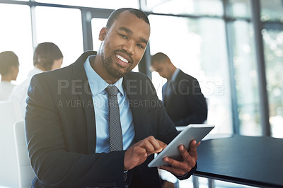 Buy stock photo Tablet, lawyer and portrait of man in office for business, research app or online browsing. Face, technology and smile of corporate African attorney, person or professional sitting in company.