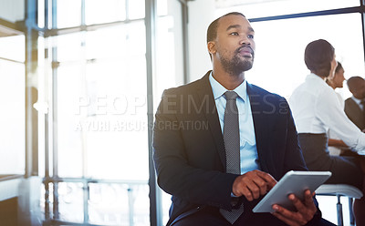 Buy stock photo Tablet, accountant and thinking black man in office for business, research email or online app. Serious, technology and corporate African auditor with idea, planning or solution for problem solving.