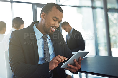 Buy stock photo Tablet, lawyer and happy black man in office for business, research or online browsing. Smile, technology and corporate African attorney, person or professional reading email, internet app or website