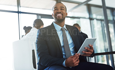 Buy stock photo Accountant, tablet and thinking black man in office for business, research email or online app. Happy, technology and corporate African auditor with idea, planning or solution for problem solving.