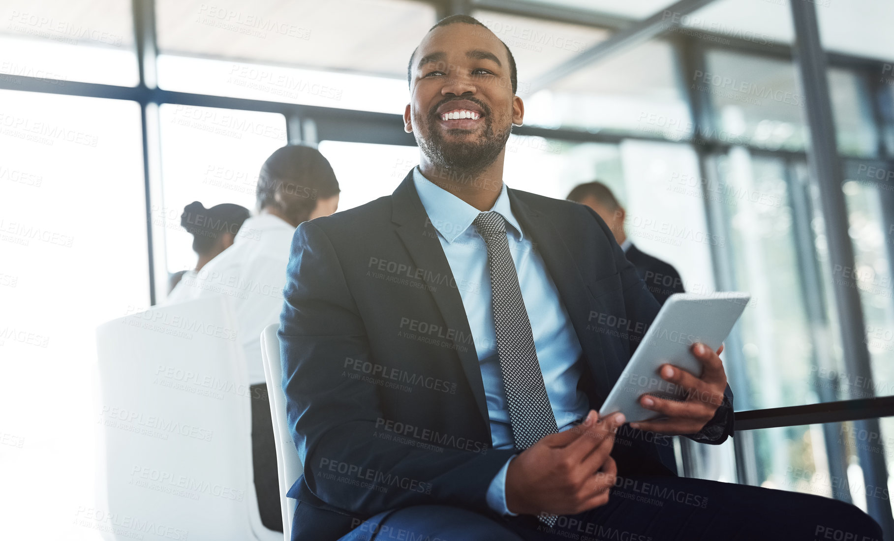 Buy stock photo Accountant, tablet and thinking black man in office for business, research email or online app. Happy, technology and corporate African auditor with idea, planning or solution for problem solving.