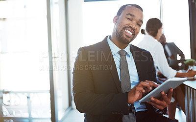 Buy stock photo Accountant, portrait and black man with tablet in office for business, research or online browsing. Face, technology and smile of corporate African auditor, happy person or professional in company.