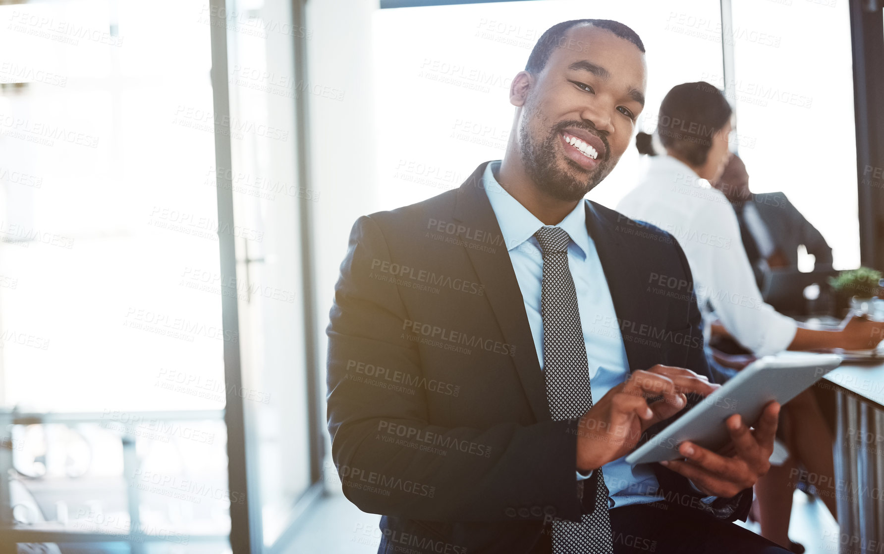 Buy stock photo Accountant, portrait and black man with tablet in office for business, research or online browsing. Face, technology and smile of corporate African auditor, happy person or professional in company.