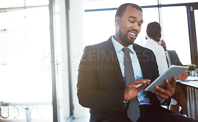 Buy stock photo Tablet, accountant and black man in office for business, research or online browsing. Happy, digital technology or corporate African auditor, person or professional reading email, internet app or web