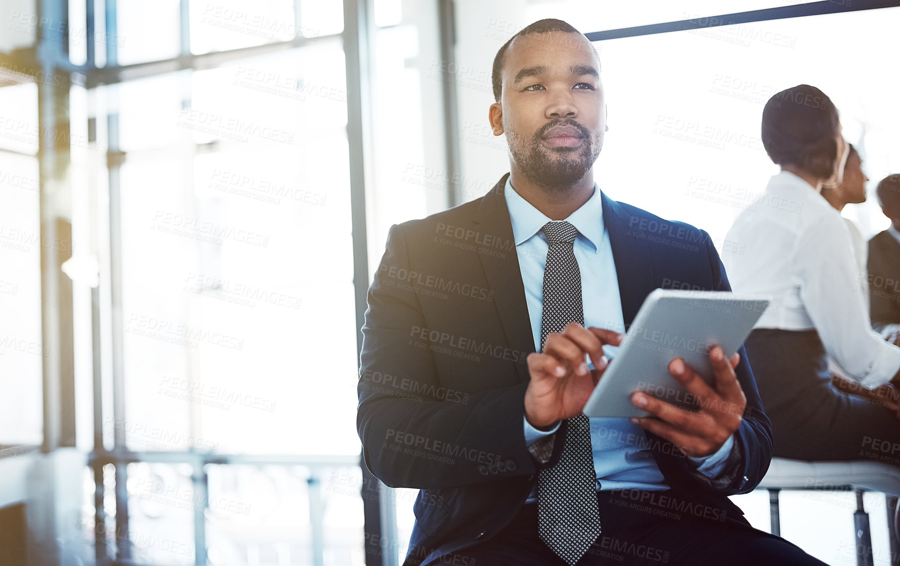 Buy stock photo Tablet, lawyer and thinking black man in office for business, research email or coworking. Serious, technology and corporate African attorney with idea, web planning or solution for problem solving.