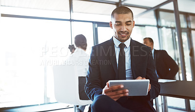 Buy stock photo Attorney, tablet and man in office for business, online research or coworking. Happy, digital technology and corporate lawyer reading email, internet app or typing to scroll on website for networking