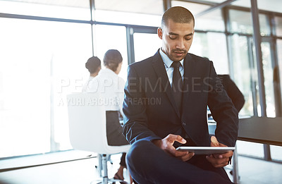 Buy stock photo Tablet, accountant and man in office for business, online research or coworking. Serious, digital technology and corporate auditor reading email, internet app or typing to scroll on website mockup.