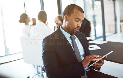 Buy stock photo Tablet, lawyer and black man in office for business, research or online browsing. Serious, digital technology and corporate African attorney, person or professional reading email, internet app or web