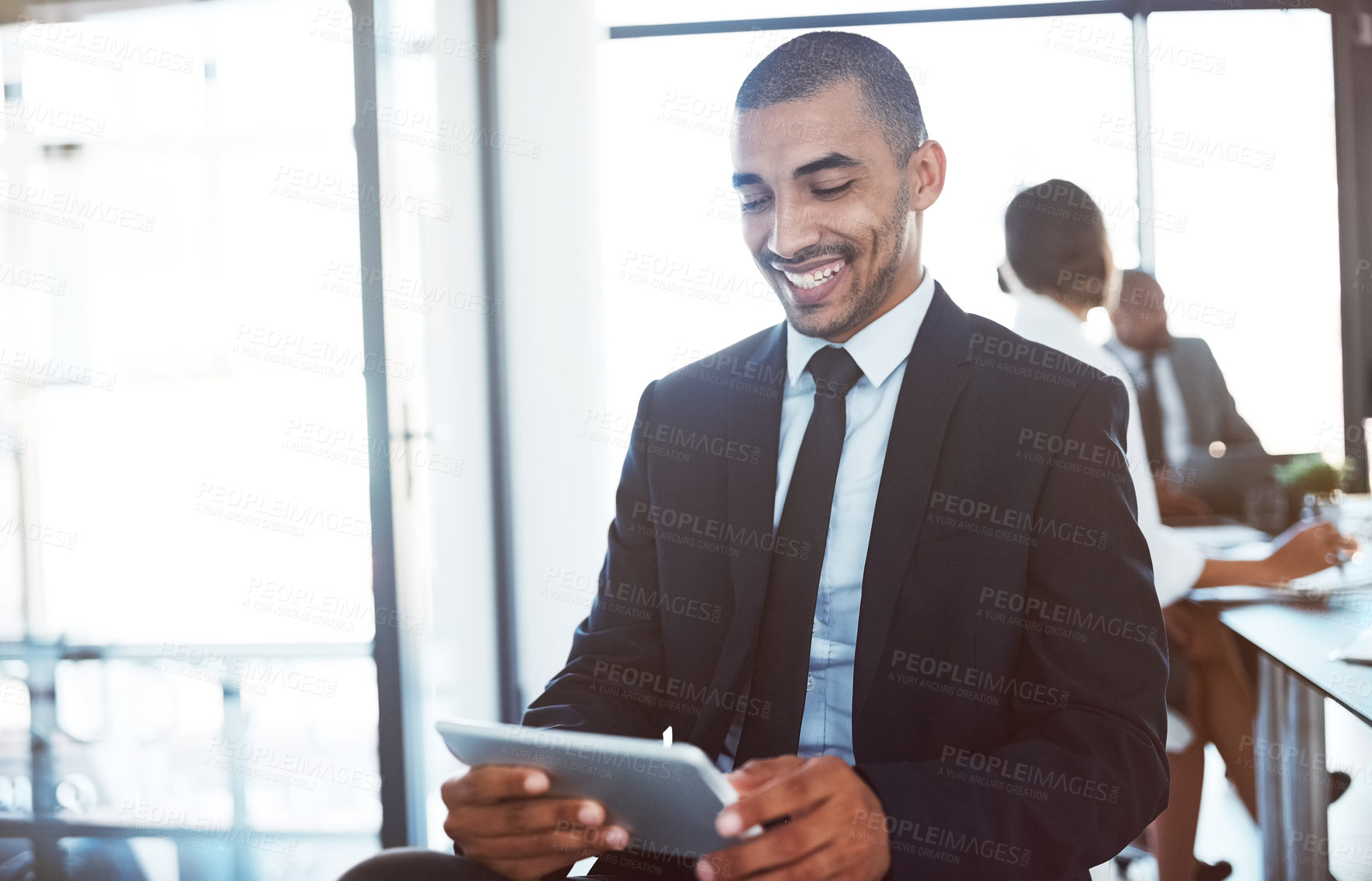 Buy stock photo Accountant, tablet and happy man in office for business email, online research app or working on project. Smile, technology and corporate auditor reading information, internet or typing to scroll.