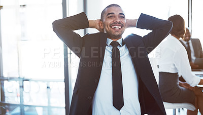 Buy stock photo Business man, relax and smile in office for professional worker, confidence and career experience. Lawyer, happy and stretching in workplace for project completion, growth and law firm development