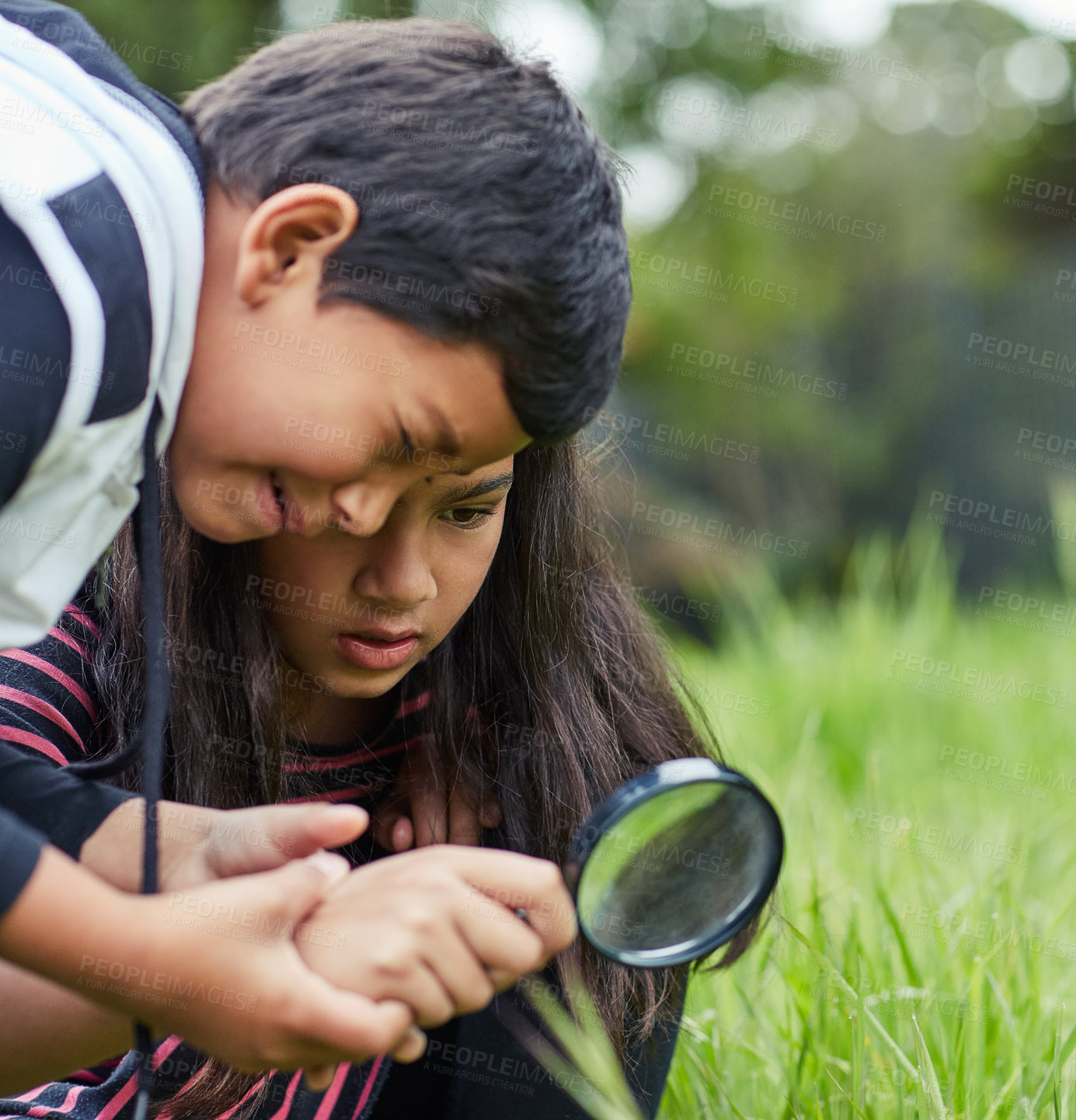 Buy stock photo Shot of a young brother and sister playing with a magnifying glass outside