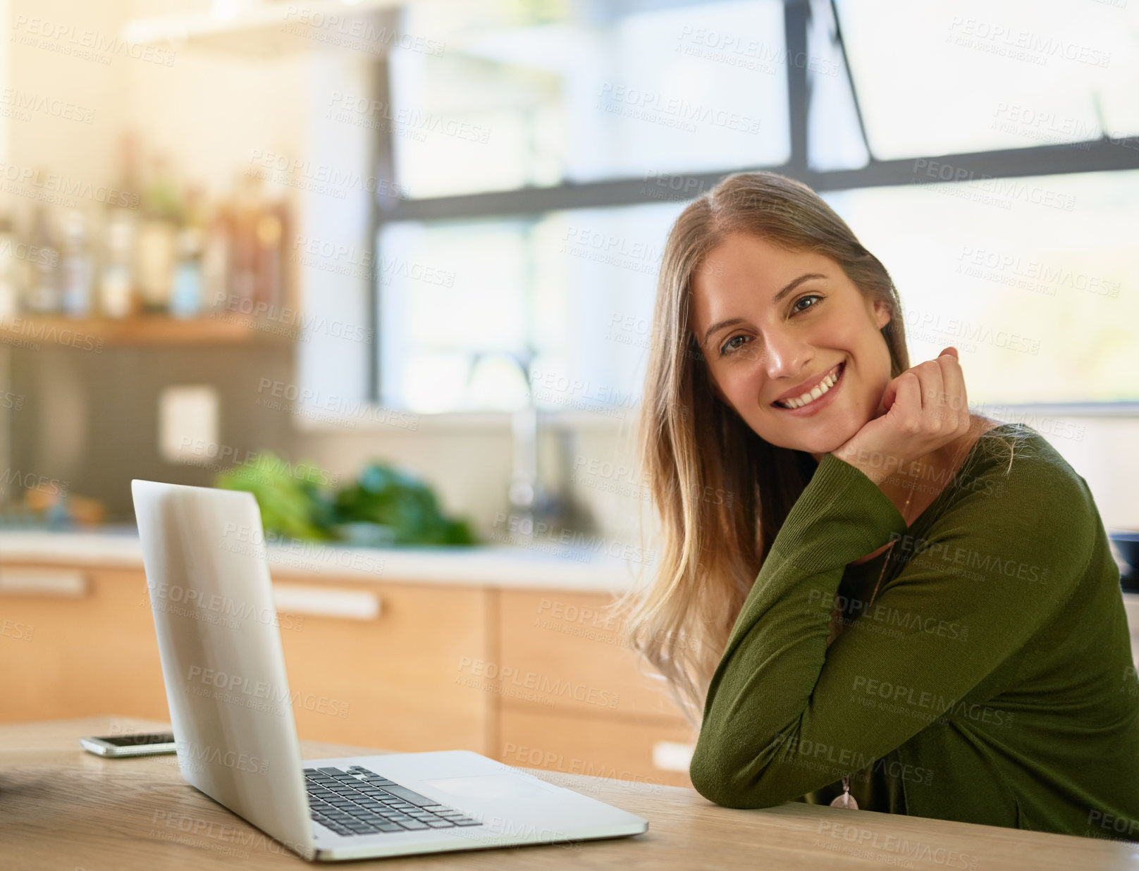 Buy stock photo Happy, kitchen and portrait of woman with laptop on table for freelance job, project and networking. Smile, female person and relax with technology at home for remote work, communication and research