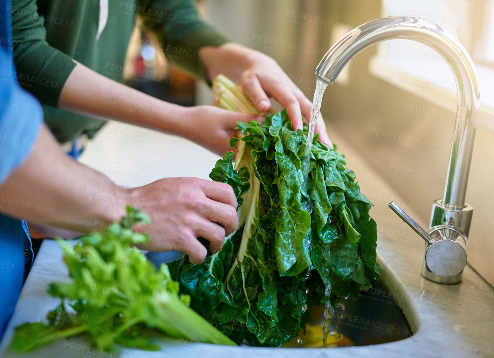 Buy stock photo Closeup shot of a couple washing spinach in their kitchen sink
