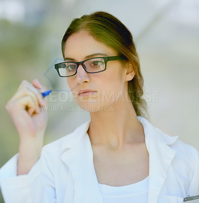 Buy stock photo Glass wall, woman and scientist in laboratory writing chemistry formula for vaccine development. Discovery, board and female researcher working on covid research for pharmaceutical innovation.