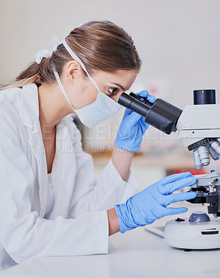 Buy stock photo Shot of a lab technician using a microscope while sitting in a laboratory