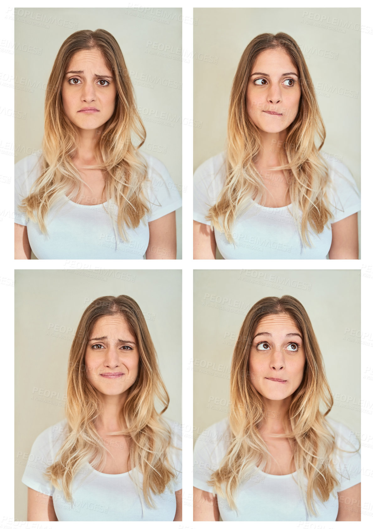 Buy stock photo Composite shot of a young woman making various facial expressions in studio