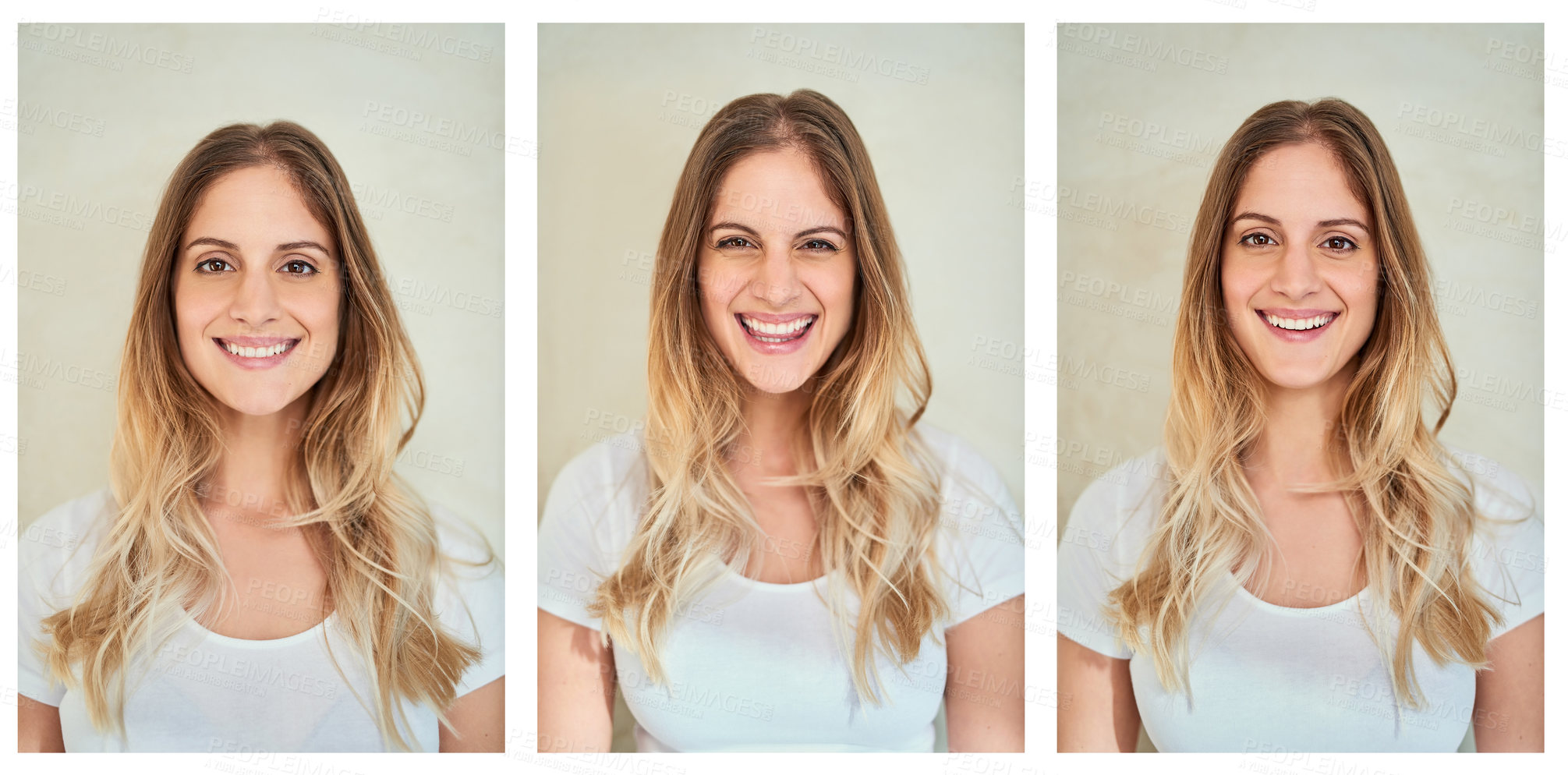 Buy stock photo Composite shot of a young woman making various facial expressions in studio