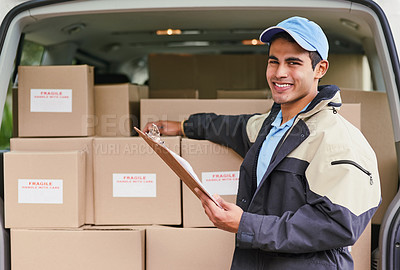 Buy stock photo Man, portrait and delivery with van, clipboard and invoice or updates on courier service or quality control. Male dispatcher, checklist and logistics with records or documents for stock inspection.