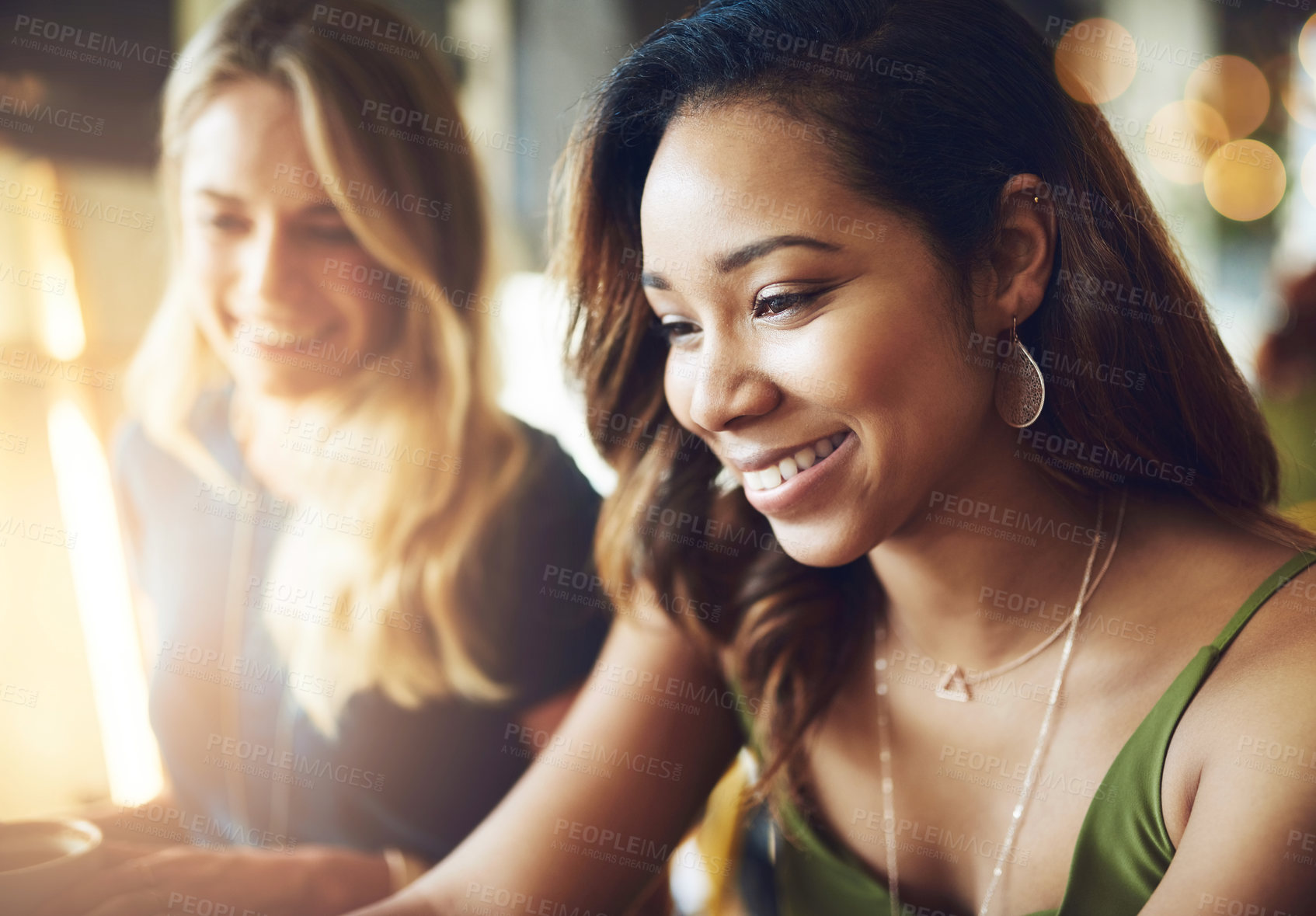 Buy stock photo Women, friends and smile in coffee shop for relax connection or weekend break, bonding or chatting. Female people, happiness and cafe service as customer with fun discussion, social or restaurant