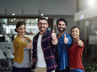 Buy stock photo Portrait of a group of businesspeople showing thumbs up