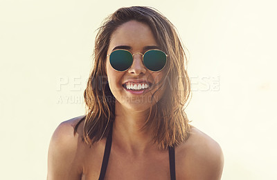 Buy stock photo Portrait of a beautiful young woman at the beach