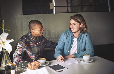 Buy stock photo Shot of  two friends having coffee together in a coffee shop